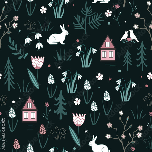 Spring forest seamless pattern with rabbits, birds, flowers, houses and trees. Gentle Vector spring wood background