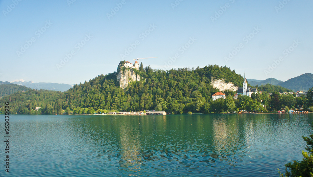Beautiful view over Lake Bled, Julian Alps and Bled castle, sunny day, Bled, Slovenia