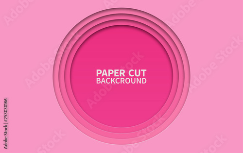 Circle paper cut background. Wavy pink layers. Abstract realistic paper design. Trendy carving art. 3d relief.