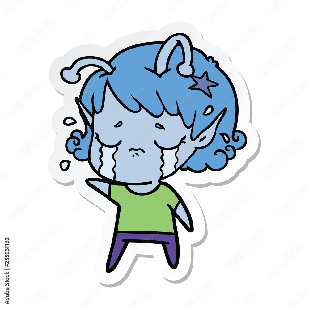 sticker of a cartoon crying alien girl