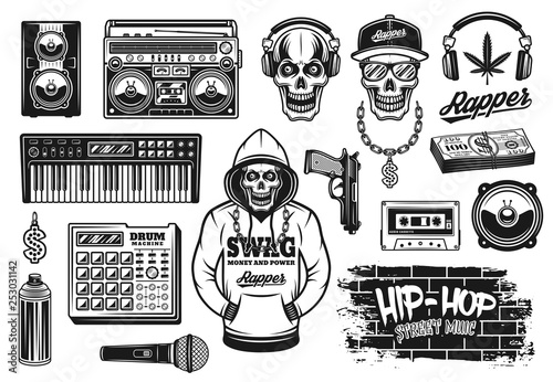 Rap and hip hop music attributes vector objects