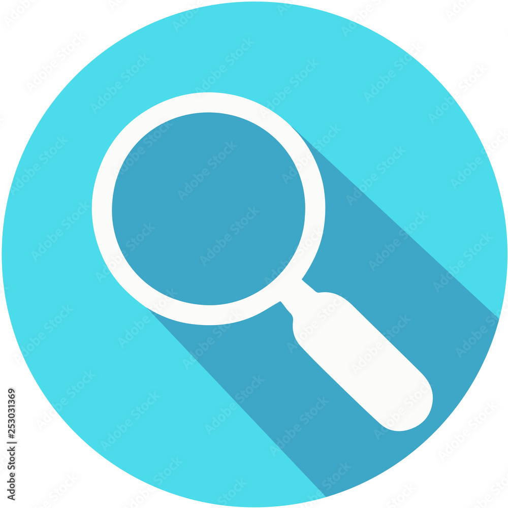 Magnifying glass blue vector icon with long shadow. Flat design style Magnifying glass blue vector icon with long shadow. Flat design style