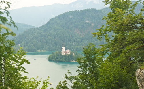 Wallpaper Mural Top view of Lake Bled, trees, Julian Alps mountains and church on the island, Bled, Slovenia Torontodigital.ca