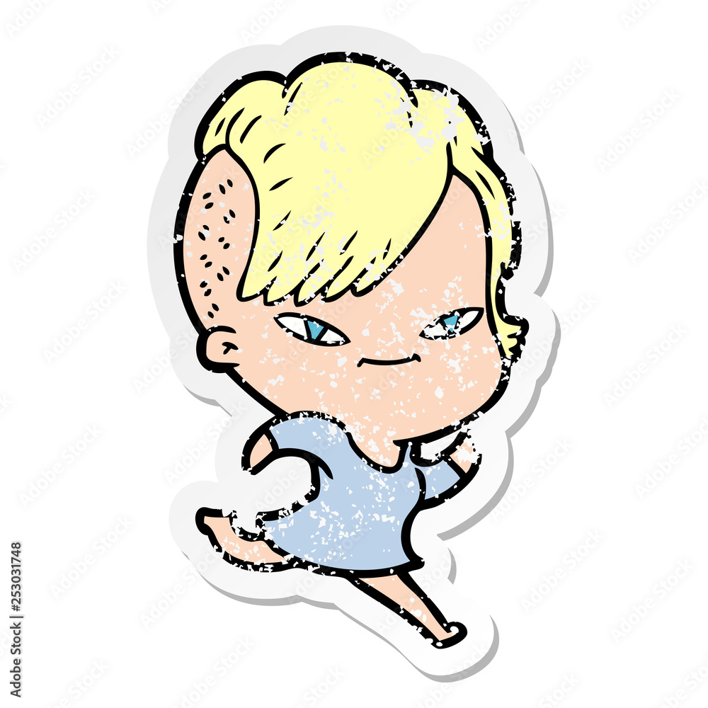 distressed sticker of a cute cartoon girl with hipster haircut