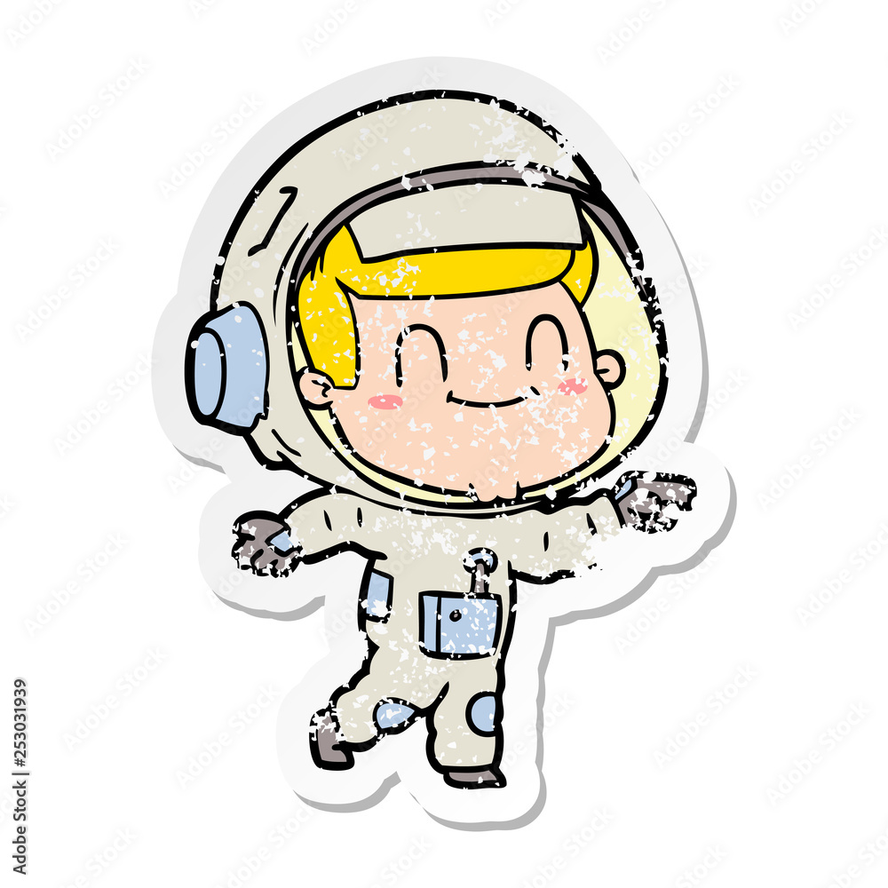 distressed sticker of a happy cartoon astronaut man distressed sticker of a happy cartoon astronaut man