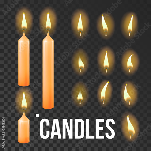 Candles Set Vector. Orange. Religion, Church Prayer. Transparent Background. Isolated Realistic Illustration