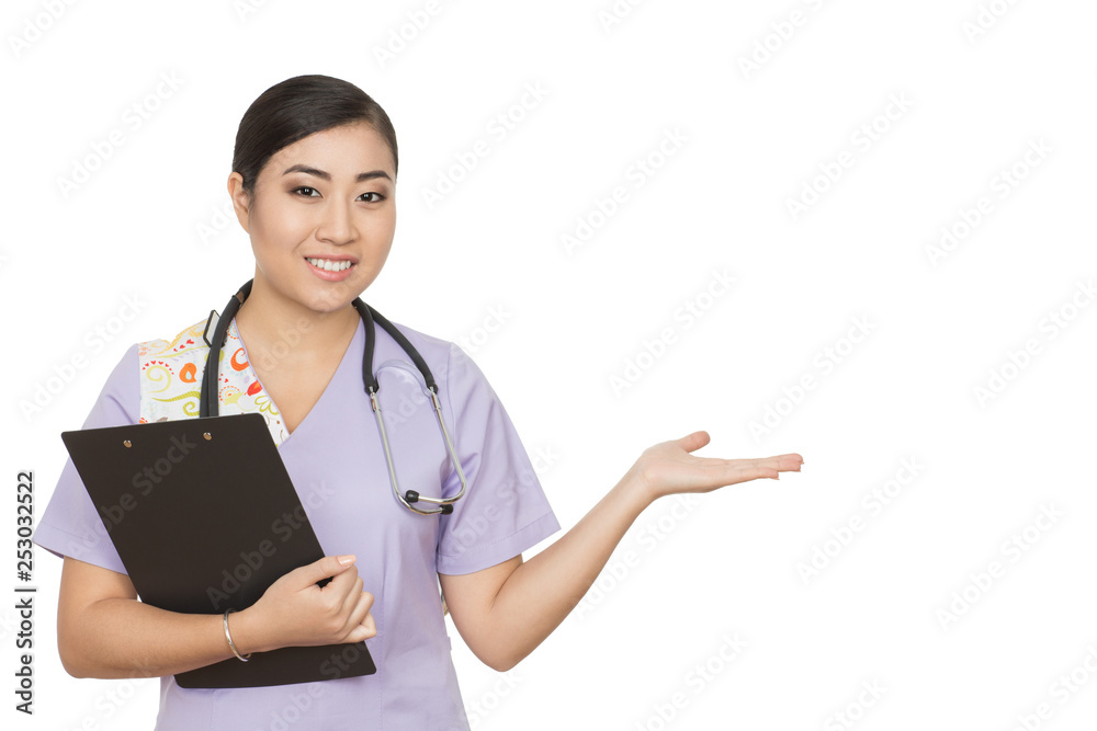 Presenting to you. Half length portrait of a beautiful female doctor holding copyspace on her hand smiling cheerfully Presenting to you. Half length portrait of a beautiful female doctor holding copyspace on her hand smiling cheerfully
