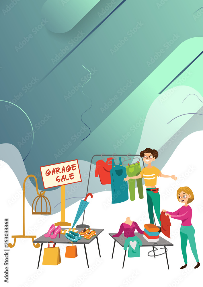 Garage Sale Young beautiful women at the weekly cloth market, girls choose  clothes at the sale of used items, seller and buyer in market outdoor,  shopping vector illustration Stock Vector by ©AnutaBerg