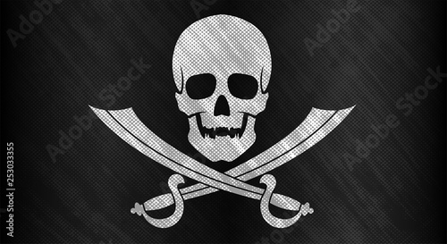 Jolly Roger. Black flag with a white skull and two crossed boarding sabers. Grand texture. Vector illustration.