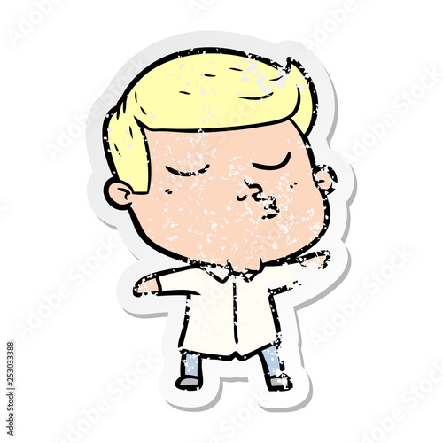 distressed sticker of a cartoon model guy pouting