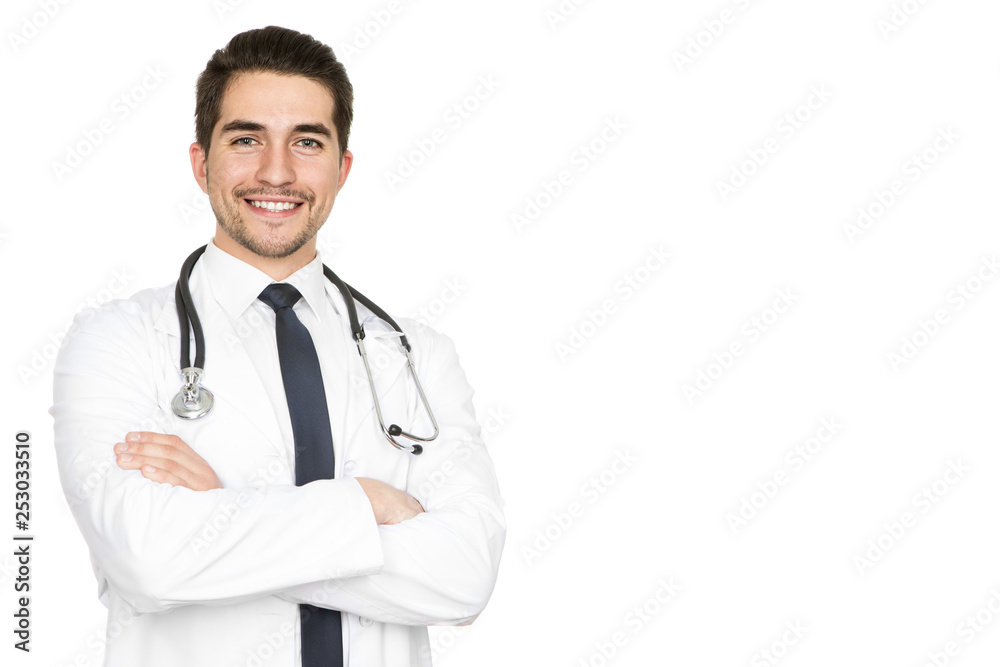 Health is the biggest priority. Half length studio portrait of a young male doctor smiling with confidence isolated on white copyspace on the side Health is the biggest priority. Half length studio portrait of a young male doctor smiling with confidence isolated on white copyspace on the side