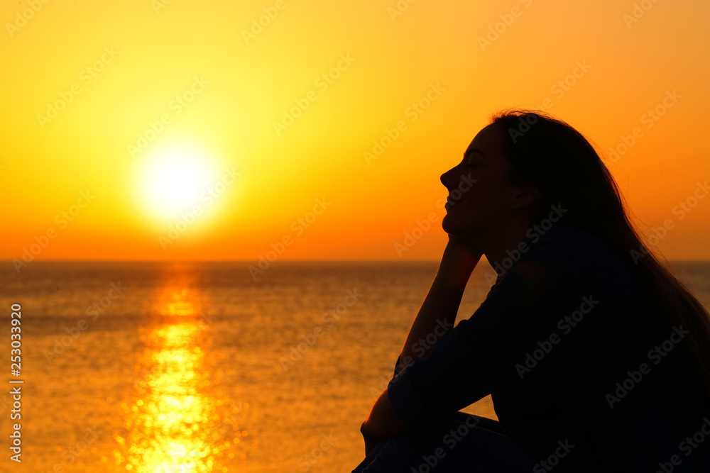 Woman silhouette watching sun at sunset on the beach