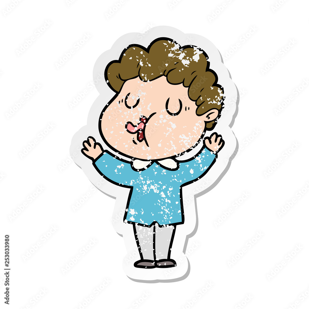 distressed sticker of a cartoon man singing distressed sticker of a cartoon man singing