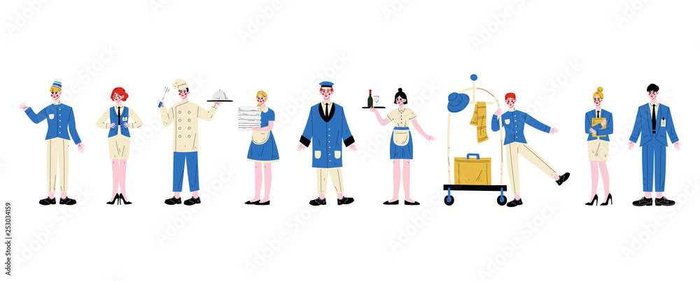 Hotel Staff Characters in Blue Uniform Set, Manager, Maid, Waitress,Chef, Bellhop, Receptionist, Concierge, Doorman Vector Illustration