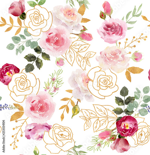 Watercolor floral seamless pattern with golden elements