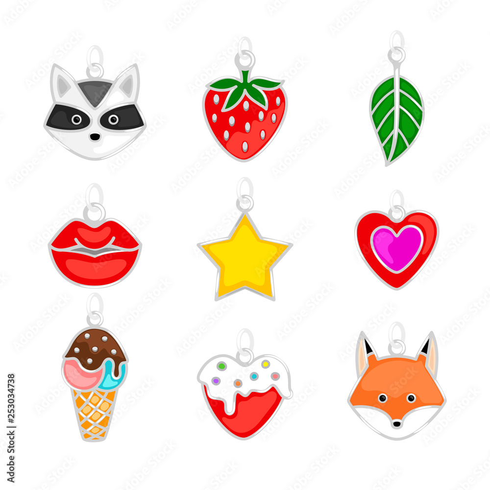 Naklejka premium Jewellery pendants. Modern youth pendants set, lips and fox, ice cream and strawberries, heart and star vector illustration