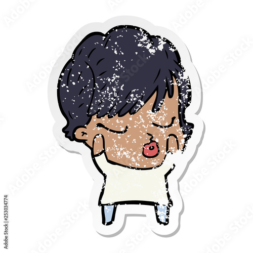 distressed sticker of a cartoon woman with eyes shut