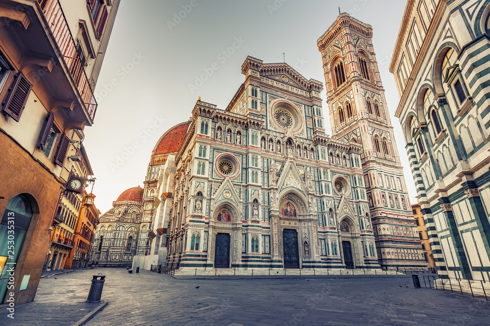 Santa Maria del Fiore cathedral in Florence, Italy, in summer. Scenic travel background.