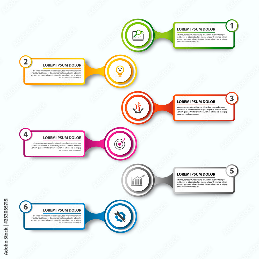 Modern vector illustration. Infographic template with six elements rectangle, circles and text. Step by step. Designed for business, presentations, web design, diagrams with 6 steps
