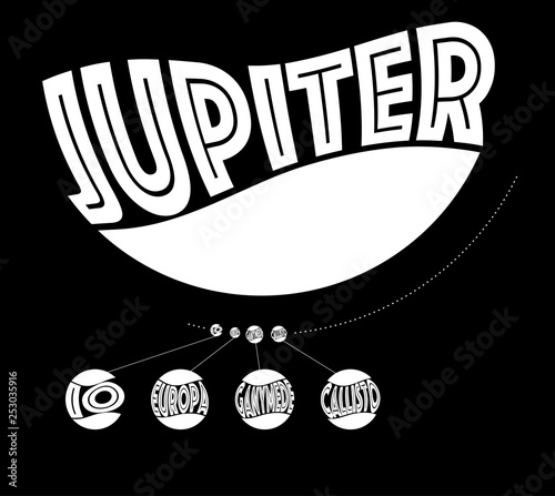 graphic planet Jupiter and its moons black white