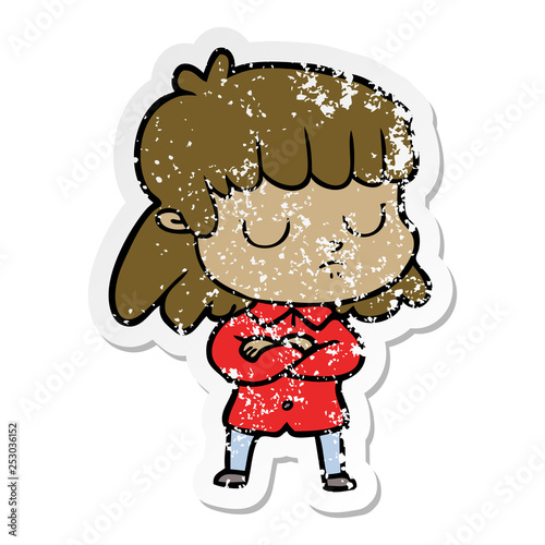 distressed sticker of a cartoon indifferent woman folding arms