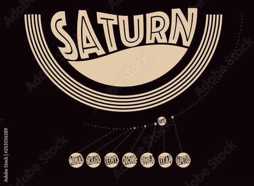 graphic planet Saturn and its moons in ivory and black