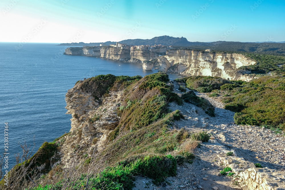 A view of the city cliff of Bonifacio, which lies directly on the rock above the sea