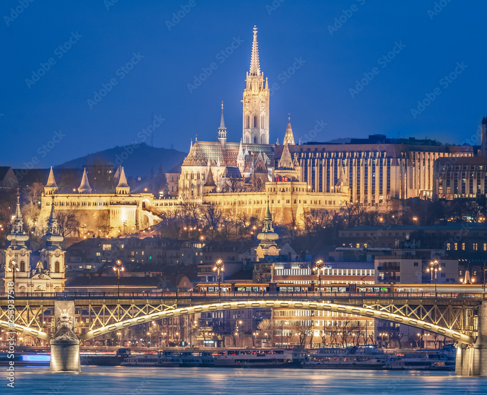 Budapest, Hungary - Matthias Church, Fisherman's Bastion over Margaret Bridge and Danube river