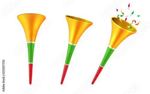 Set of isolated 3d party horns or cartoon soccer trumpet with confetti. Football fan blower or cone toy for children, kids. Stadium megaphone or klaxon instrument,noisemaker.Celebration, musical theme