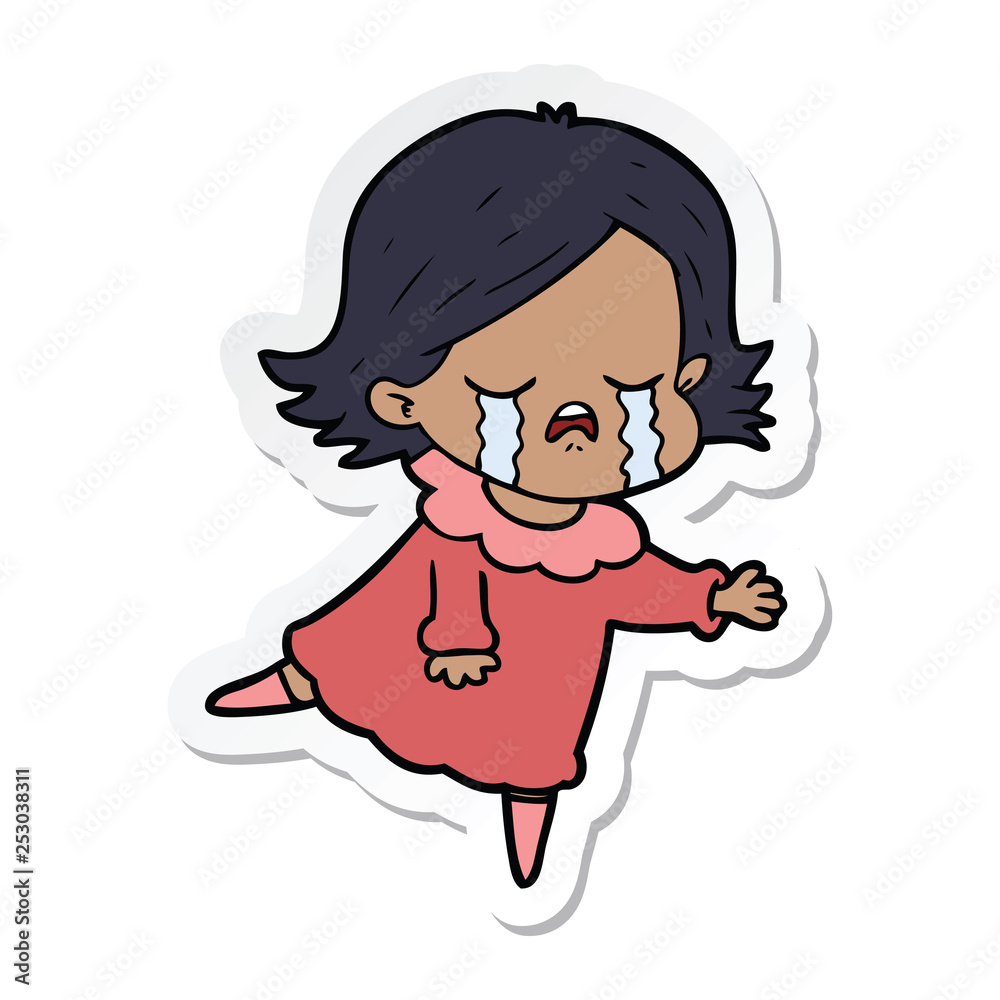 sticker of a cartoon girl crying