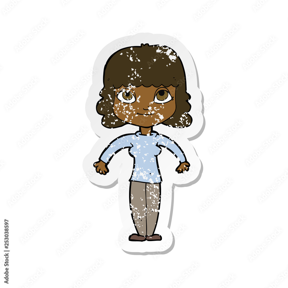 retro distressed sticker of a cartoon woman shrugging shoulders retro distressed sticker of a cartoon woman shrugging shoulders