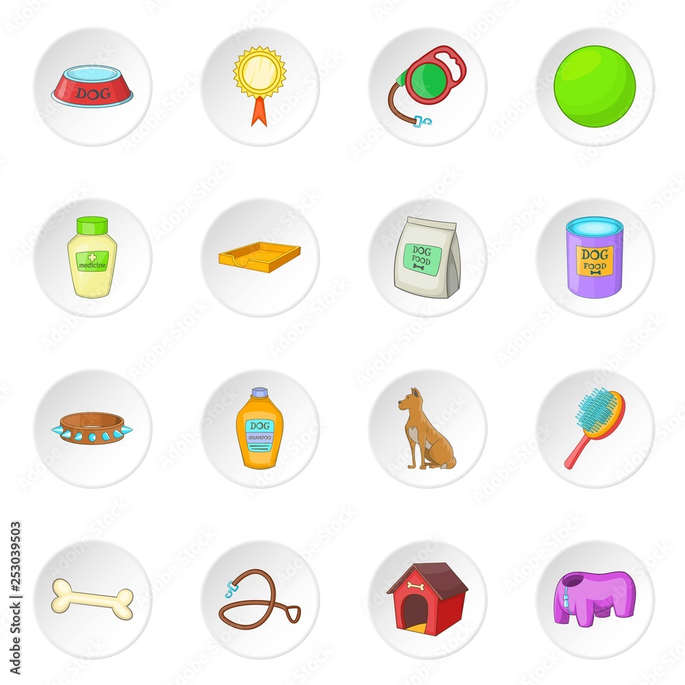 Dog care icons set. Cartoon illustration of 16 dog care vector icons for web