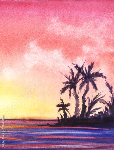 abstract watercolor landscape. Dark silhouette of a tropical island with palm trees on the background of a beautiful pink sunset sky with white clouds. hand drawn illustration.