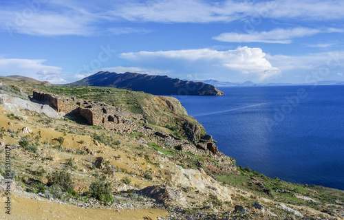 Ancient ruins on the Island of Sun (Isla del Sol) on Titicaca lake in Bolivia photo