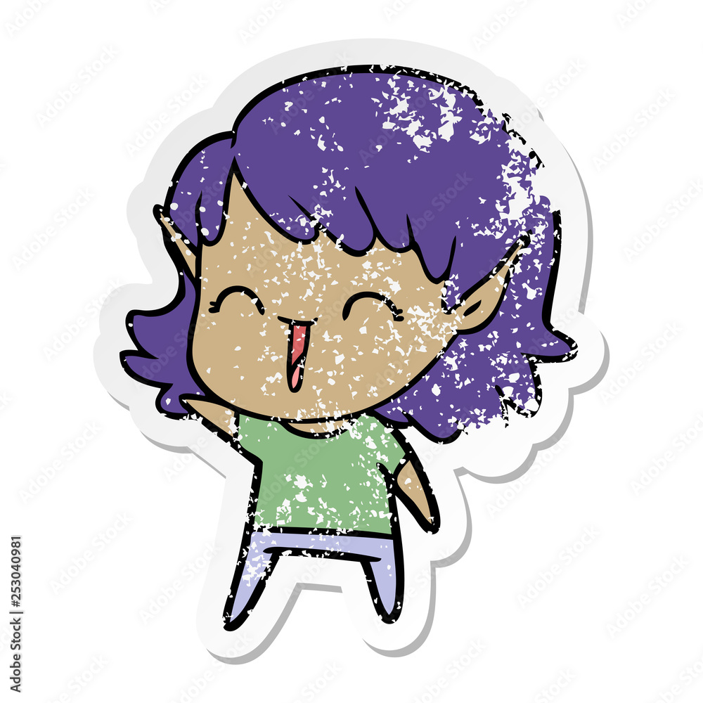 distressed sticker of a cartoon elf girl distressed sticker of a cartoon elf girl