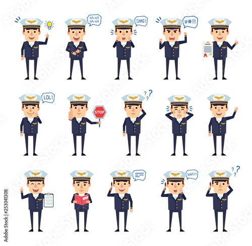 Set of airline pilot characters showing various actions, emotions. Funny airman talking on phone, angry, crying, holding stop sign, reading book and showing other actions. Flat vector illustration