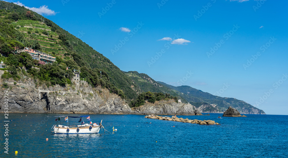 Italy, Cinque Terre, Monterosso, Monterosso al Mare, SCENIC VIEW OF SEA AGAINST BLUE SKY