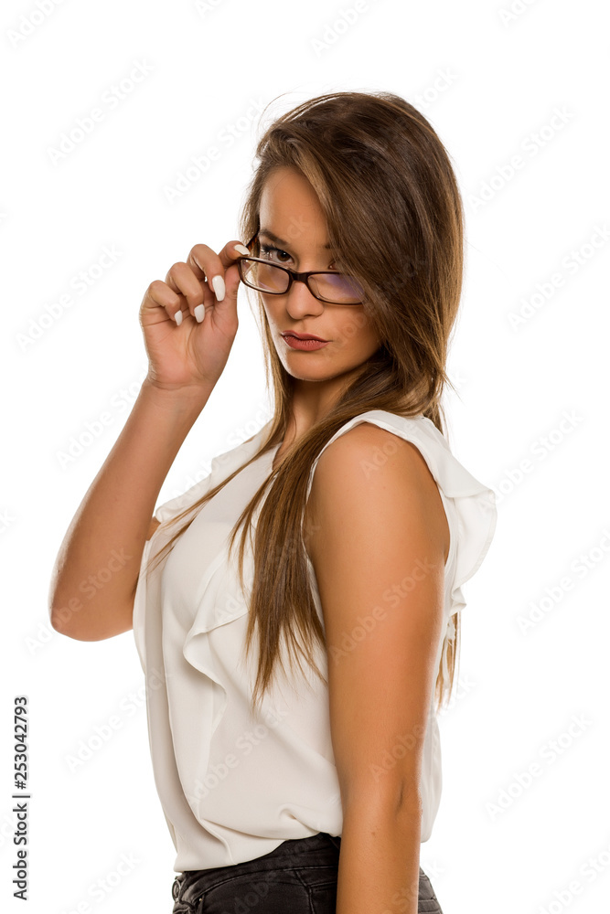 Portrait of young beautiful woman with glasses on white background Portrait of young beautiful woman with glasses on white background
