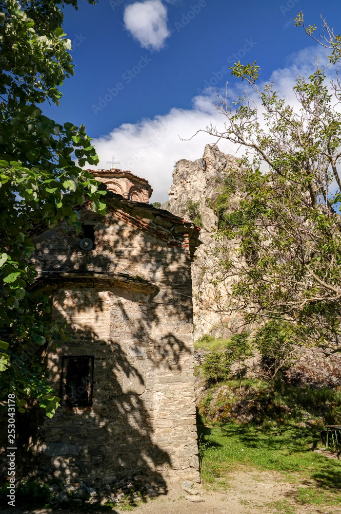 Exterior view to St. Nicola Shishevski monastery at the mountains above Matka Canyon, North Macedonia
