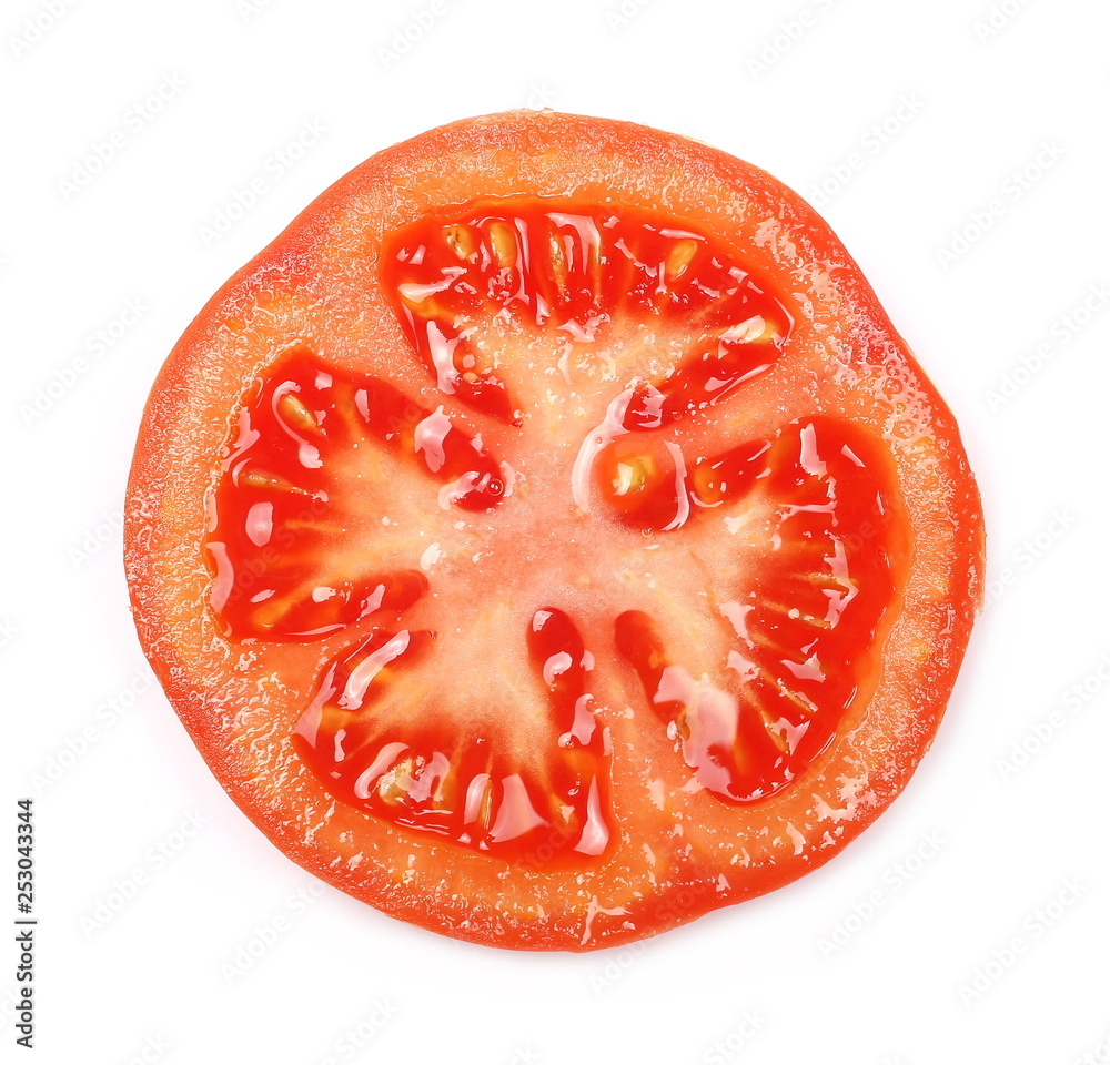 Fresh ripe, red tomato slice isolated on white background, top view Fresh ripe, red tomato slice isolated on white background, top view