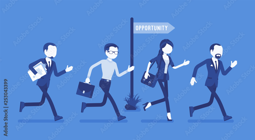 Obraz premium Opportunity, business people run for employment or promotion chance. Male and female managers get possibility, active employees see promising project. Vector illustration, faceless characters