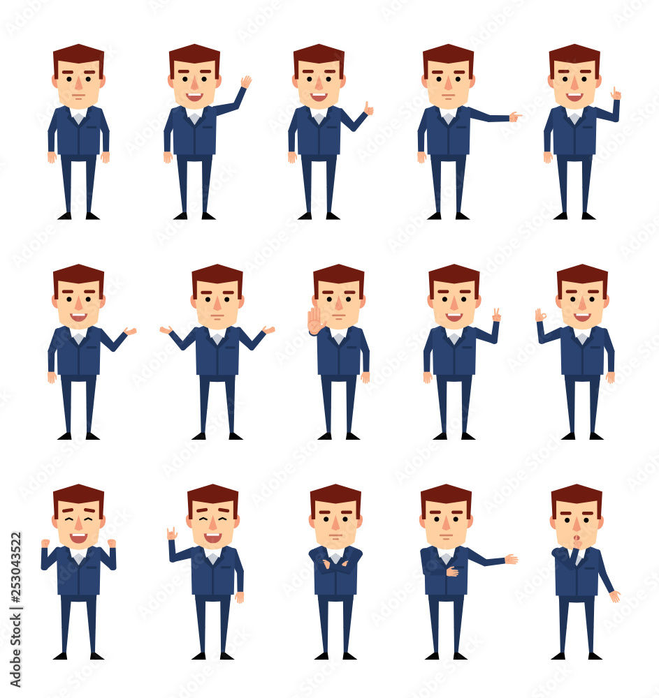 Set of businessman characters in blue suit showing various hand gestures. Cheerful man pointing, showing thumb up, victory sign and other gestures. Flat style vector illustration Set of businessman characters in blue suit showing various hand gestures. Cheerful man pointing, showing thumb up, victory sign and other gestures. Flat style vector illustration