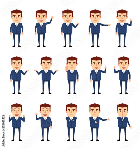 Set of businessman characters in blue suit showing various hand gestures. Cheerful man pointing, showing thumb up, victory sign and other gestures. Flat style vector illustration