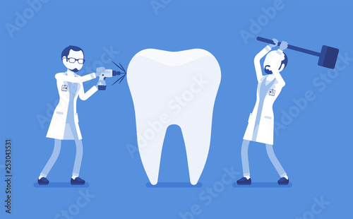 Bad dentists damaging giant healthy tooth. Unqualified practitioners doctors of harmful stomatology making injury, dental problems, dangerous clinic treatment. Vector illustration, faceless characters
