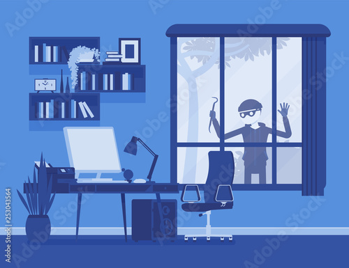 Thief planning the house robbery. Male masked criminal looks trough big window to steal property, burglar watching before break in an unprotected apartment. Vector illustration, faceless characters
