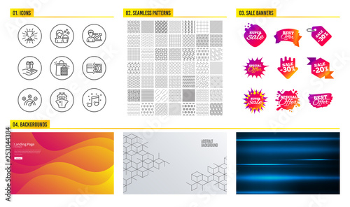 Seamless pattern. Shopping mall banners. Set of Correct answer, Shopping bags and Ship icons. Trophy, Payment methods and Cleaning signs. Loyalty program, Success business and Musical note symbols