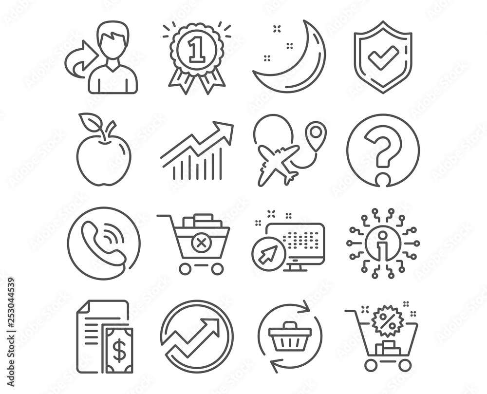 Set of Refresh cart, Airplane and Shopping cart icons. Demand curve, Question mark and Reward signs. Audit, Payment and Remove purchase symbols. Online shopping, Plane, Discount. Vector Set of Refresh cart, Airplane and Shopping cart icons. Demand curve, Question mark and Reward signs. Audit, Payment and Remove purchase symbols. Online shopping, Plane, Discount. Vector