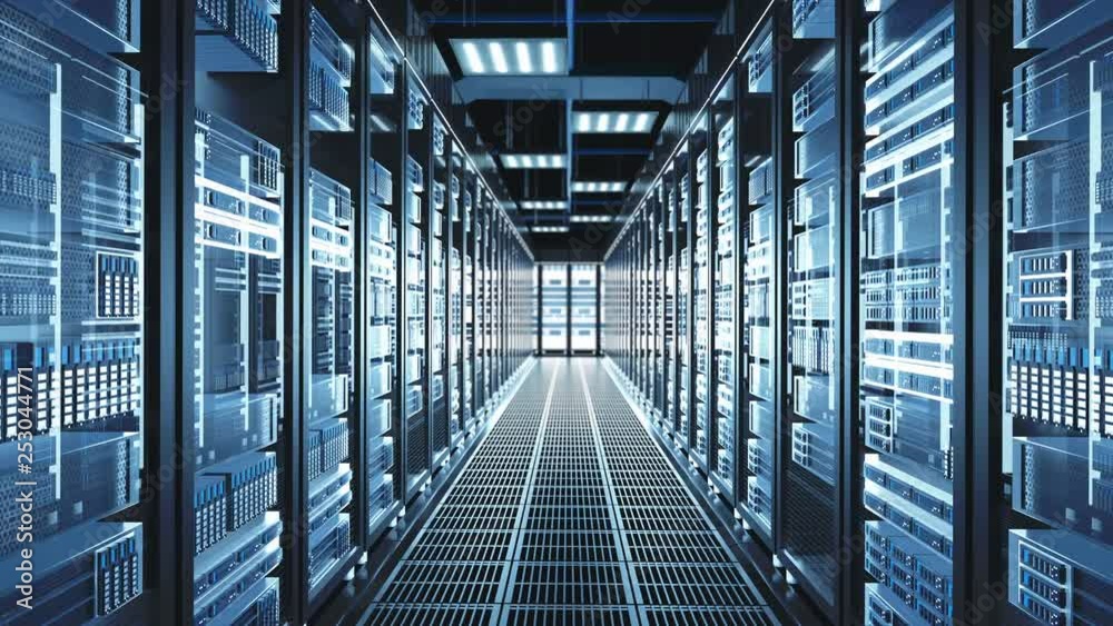 Animation presenting data servers while working. LED lights are flashing. Video can represent cloud computing, information storage, etc. or can be the perfect technology background.