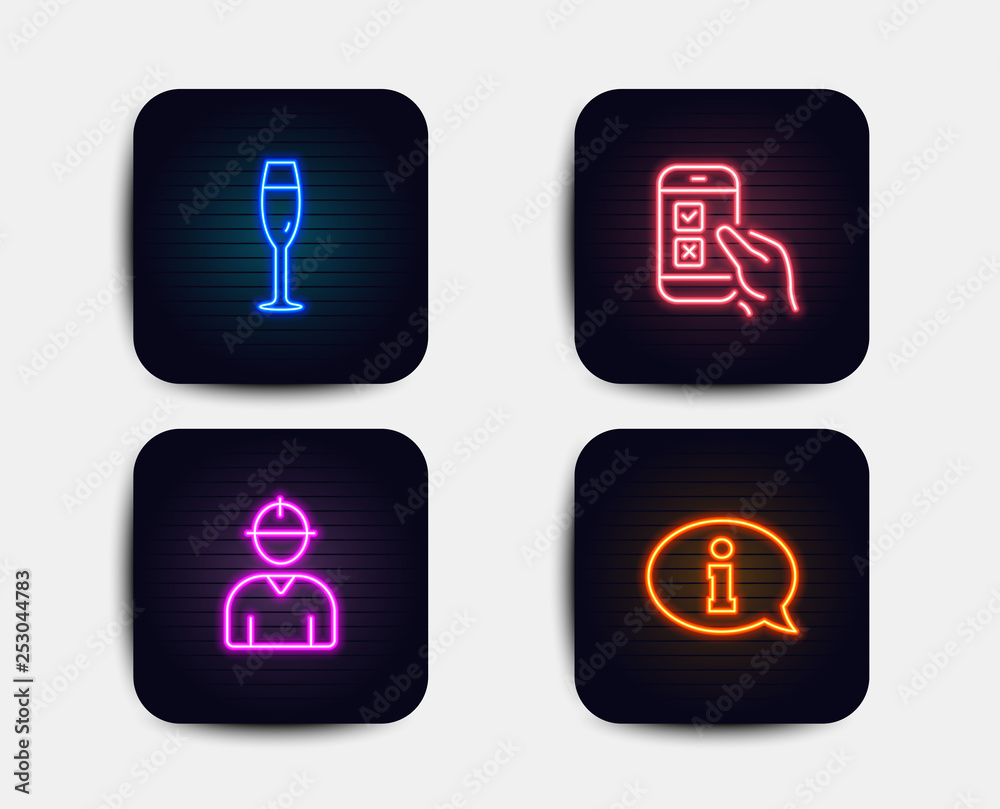 Neon glow lights. Set of Champagne glass, Engineer and Mobile survey icons. Information sign. Winery, Worker profile, Phone quiz test. Info center. Neon icons. Glowing light banners. Vector Neon glow lights. Set of Champagne glass, Engineer and Mobile survey icons. Information sign. Winery, Worker profile, Phone quiz test. Info center. Neon icons. Glowing light banners. Vector