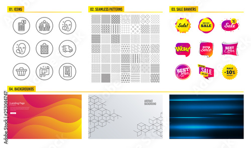 Seamless pattern. Shopping mall banners. Set of Face search, Shopping bag and Architectural plan icons. Face attention, Group and Truck delivery signs. Shop cart, Calculator and Coffee vending symbols